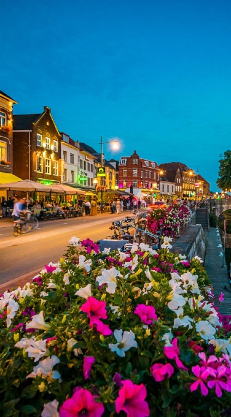 Zomers avondbeeld van een levendige straat in Limburg met terrasjes, kleurrijke bloemen en voorbijfietsende mensen langs het water.